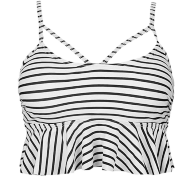 COCOSHIP Bikini Swim Top Black White Stripe Ruffle Crisscross Back Womens 8 NEW - Picture 1 of 12